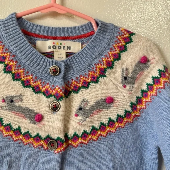 (NWOT)Mini boden easter sky blue bunnies edie fair isle cardigan - Picture 4 of 5